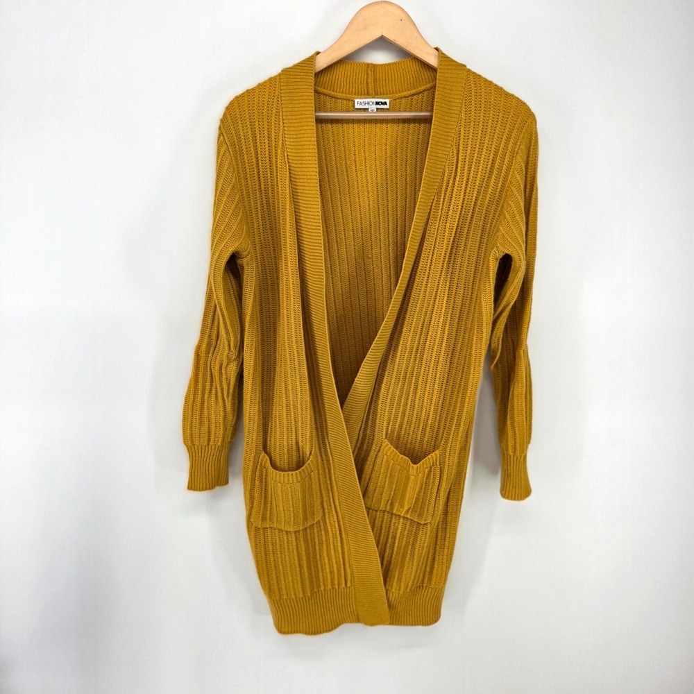 Fashion Nova Cardigan Women XL Mustard Yellow Ribbed Knit Longline Open Front